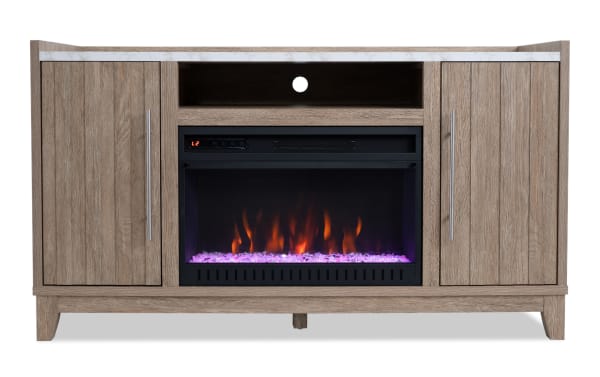 Solitude 57.5'' natural wood electric fireplace TV stand with MDF, metal, tempered glass, LED flames, crystal rocks, dual cabinets, and remote control.