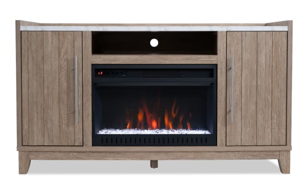 Solitude 57.5'' natural MDF electric fireplace and TV stand with tempered glass, LED flame effect, metal handles, two storage cabinets, and remote control.