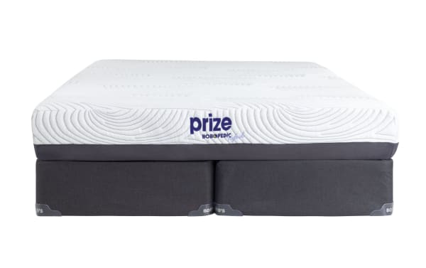 Prize Hybrid 10'' King Firm Split Standard Mattress Set with white quilted top, gray base, ventilated gel memory foam, and charcoal-infused layers for cooling and support.