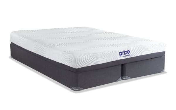 Prize Hybrid 10'' King Firm Split Standard Mattress Set with white ventilated gel memory foam top, charcoal transition foam layer, and dark gray foundation from Bob-O-Pedic Prize collection.