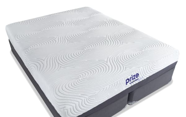Prize Hybrid 10'' King Firm Split Standard Mattress Set with white textured gel memory foam top, charcoal base, and ventilated hybrid design for support and cooling.