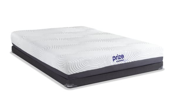 Prize Hybrid 10'' Twin Firm Low Profile Mattress Set with white ventilated gel memory foam top, charcoal transition layer, and dark gray foundation, from the Prize Bob-O-Pedic collection.