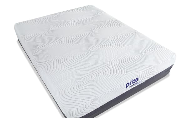 Prize Hybrid 10'' Twin Firm Low Profile Mattress Set with white textured top, gray sides, ventilated gel memory foam, and charcoal for cooling and pressure relief.