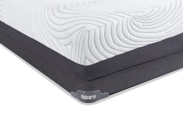 Prize Hybrid 10'' Twin Firm Low Profile Mattress Set from Bob's, featuring white quilted top with gray mesh side panel and dark gray foundation.