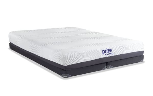 Prize Hybrid 10'' King Firm Split Low Profile Mattress Set with white ventilated gel memory foam top, charcoal transition foam layer, and dark gray foundation, featuring Bob-O-Pedic branding and wave-patterned quilted cover for pressure relief and temperature regulation.