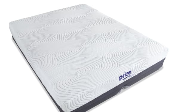 Prize Hybrid 10'' King Firm Split Low Profile Mattress Set with white textured top, gray sides, ventilated gel memory foam, and charcoal for cooling and pressure relief.