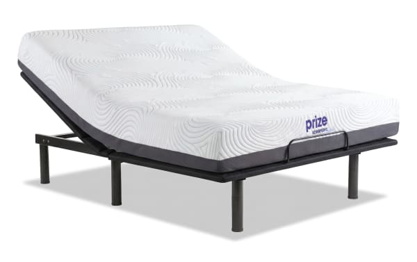 Power Bob Essential Base with Prize Hybrid 10'' Queen Firm Mattress featuring white gel memory foam with charcoal, adjustable black metal base, and wired remote.