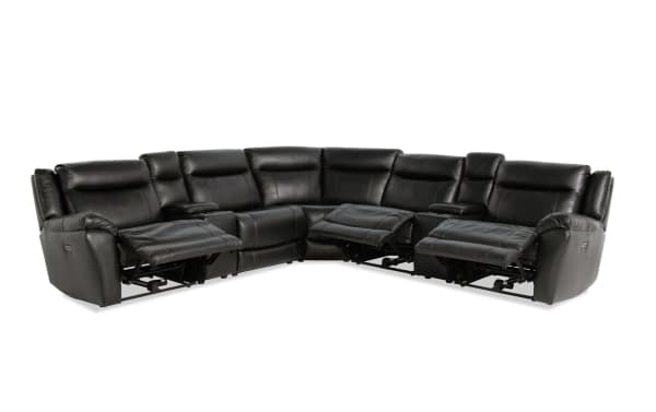 Frontier Black Leather 129'' Power Reclining 7-Piece Sectional with USB/USB-C ports, black transitional style, real leather upholstery, power recline seats, and storage console with cupholders.