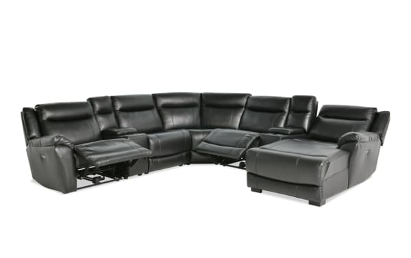 Frontier Black Leather 129'' Power Reclining 7 Piece Right Arm Facing Sectional with USB & USB-C Ports