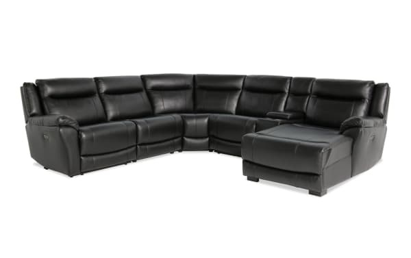 Frontier Black Leather 129'' Power Reclining 6 Piece Right Arm Facing Sectional with USB & USB-C Ports