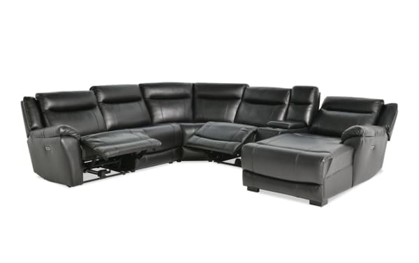 Frontier black leather 6-piece sectional sofa with power reclining seats, USB/USB-C ports, storage console, and cupholders in transitional style.