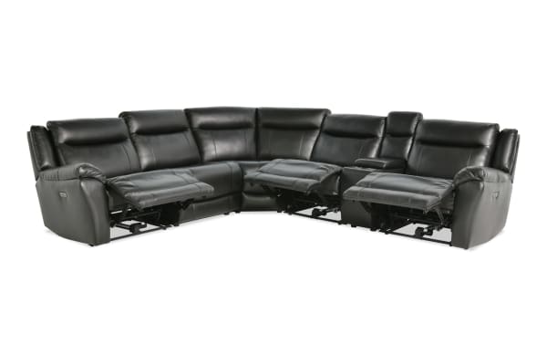 Frontier Black Leather 129" power reclining 6-piece sectional in black transitional style with USB/USB-C ports, storage console, and plush memory foam seating.