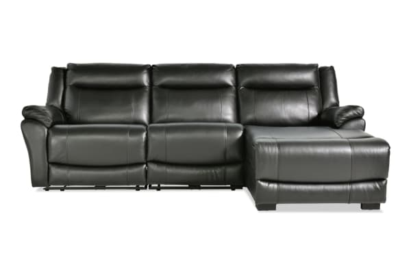 Frontier Black Leather 107" power reclining 3-piece sectional with right arm chaise, USB/USB-C ports, transitional style, and plush memory foam seating.