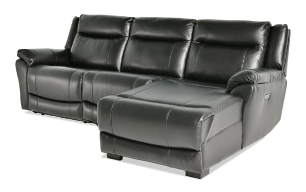 Frontier black leather 107" power reclining sectional with right arm chaise, USB/USB-C ports, transitional style, and memory foam seating.