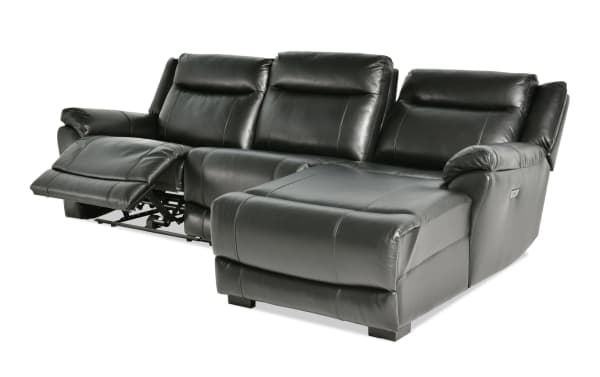 Frontier Black Leather 107'' Power Reclining 3-Piece Sectional with Right Arm Facing Chaise, USB & USB-C Ports, transitional style, plush memory foam seating