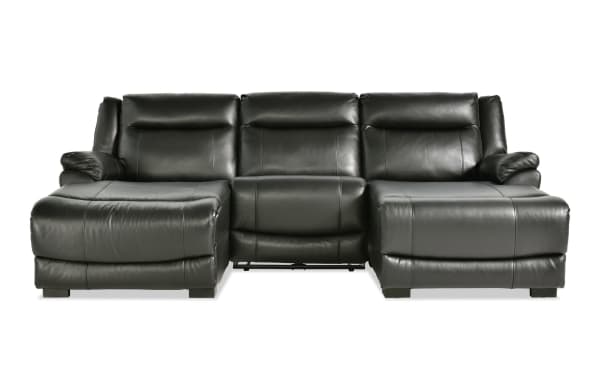 Frontier Black Leather 107'' Power Reclining 3-Piece Dual Chaise Sectional with USB/USB-C ports, transitional style, real leather upholstery, plush memory foam seating.