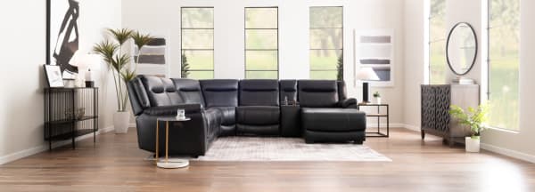 Frontier Black Leather 107" power reclining 3-piece dual chaise sectional with USB/USB-C ports, transitional style, plush memory foam seating, and real leather upholstery.