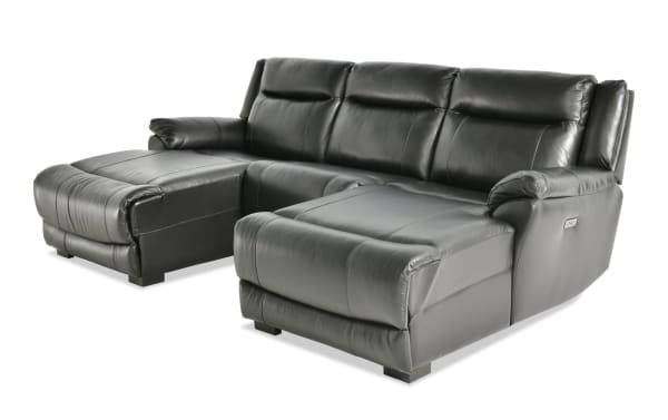 Frontier Black Leather 107'' Power Reclining 3-Piece Dual Chaise Sectional with USB & USB-C ports, transitional style, smooth black leather upholstery, plush memory foam seating, and power recline features for ultimate comfort.