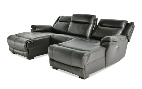 Frontier Black Leather 107'' Power Reclining 3 Piece Dual Chaise Sectional with USB & USB-C Ports, transitional style, smooth black leather upholstery, plush memory foam cushions, and power recline seating.