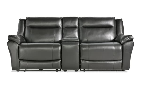 Frontier black leather 90" power reclining console loveseat with USB/USB-C ports, transitional style, plush memory foam seating, and storage console with cupholders.