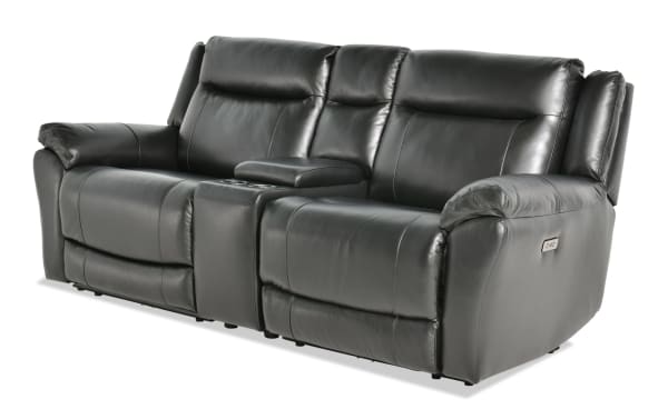 Frontier Black Leather 90'' Power Reclining Console Loveseat with USB & USB-C ports, transitional style, 100% real leather upholstery, plush memory foam seating, built-in storage console with cupholders, and power recline function.