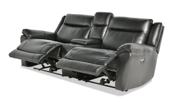 Frontier Black Leather 90'' Power Reclining Console Loveseat with USB & USB-C ports, transitional style, black leather upholstery, memory foam seating, and cupholder storage console.