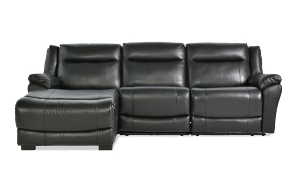 Frontier 107'' black leather power reclining sectional with left arm facing chaise, USB/USB-C ports, transitional style, and memory foam seating.