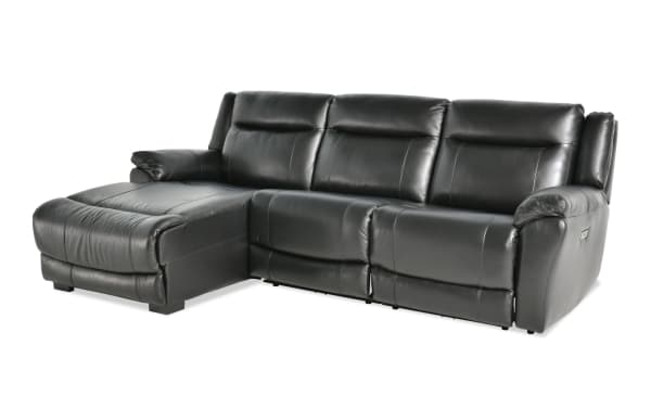 Frontier black leather 107'' power reclining sectional with left arm chaise, USB/USB-C ports, transitional style, and memory foam seating.
