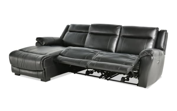 Frontier Black Leather 107'' Power Reclining 3-Piece Sectional with Left Arm Chaise, USB & USB-C ports, transitional style, plush memory foam seating.