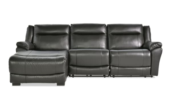 Frontier black leather 107'' power reclining sectional with left arm chaise, transitional style, USB & USB-C ports, plush memory foam seating.
