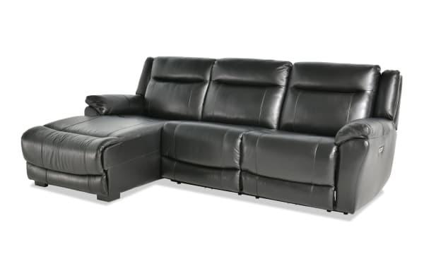 Frontier black leather 107" power reclining sectional with left arm chaise, USB/USB-C ports, transitional style, and memory foam seating.