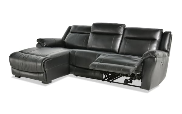 Frontier black leather 107" power reclining sectional with left arm chaise, USB/USB-C ports, transitional style, plush memory foam cushions, and sinuous spring seating.