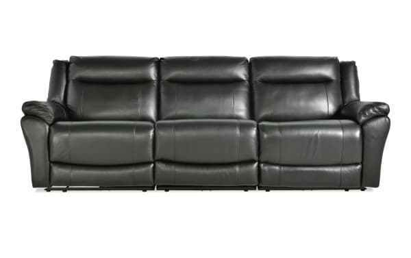 Frontier 107-inch black leather power reclining sofa with armless recliner, USB and USB-C ports, transitional style, and memory foam seating.