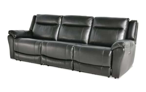 Frontier 107" black leather power reclining sofa with armless recliner, USB and USB-C ports, transitional style, plush memory foam seating.