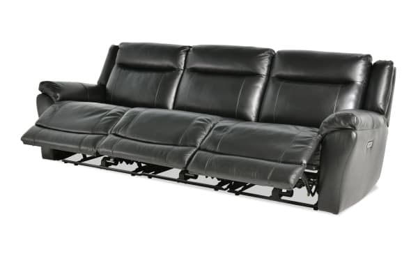 Frontier Black Leather 107'' power reclining sofa with armless recliner, USB and USB-C ports, transitional style, and plush memory foam seating.