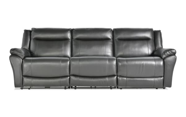 Frontier Black Leather 107'' Power Reclining Sofa with armless chair, USB/USB-C ports, transitional style, real leather upholstery, and memory foam seating.