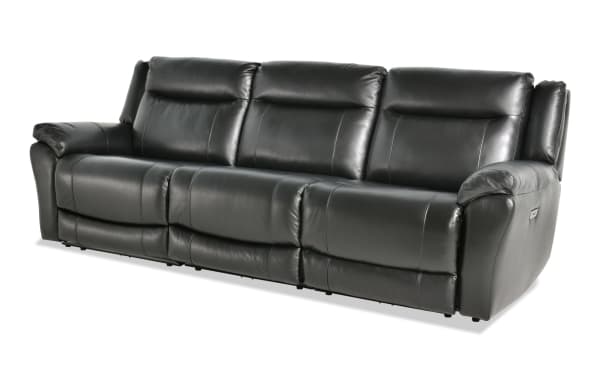 Frontier 107-inch black leather power reclining sofa with armless chair, USB and USB-C ports, transitional style, plush memory foam seating.