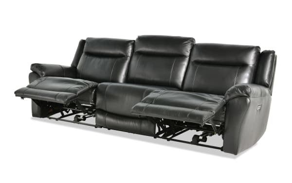 Frontier 107'' black leather power reclining sofa with armless chair, USB and USB-C ports, transitional style, memory foam cushions, and sinuous spring seating.