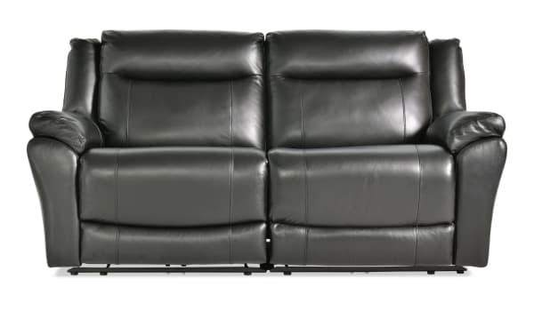 Frontier Black Leather 77'' Power Reclining Loveseat with USB/USB-C ports, transitional style, smooth black leather upholstery, plush padded arms and backrests.