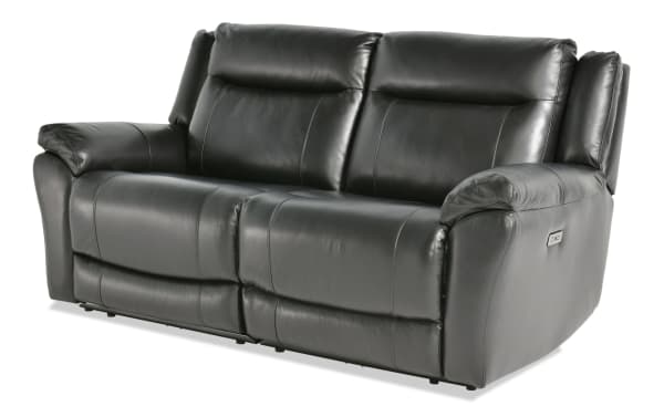 Frontier Black Leather 77'' Power Reclining Loveseat in transitional style with plush padded arms, USB & USB-C ports, and smooth black leather upholstery.