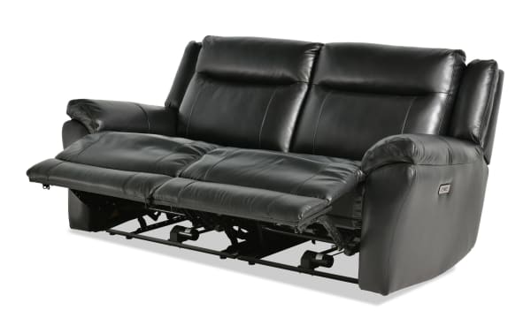 Frontier Black Leather 77'' Power Reclining Loveseat with USB and USB-C ports, transitional style, smooth black leather upholstery, plush memory foam cushioning, and power recline function for enhanced comfort.