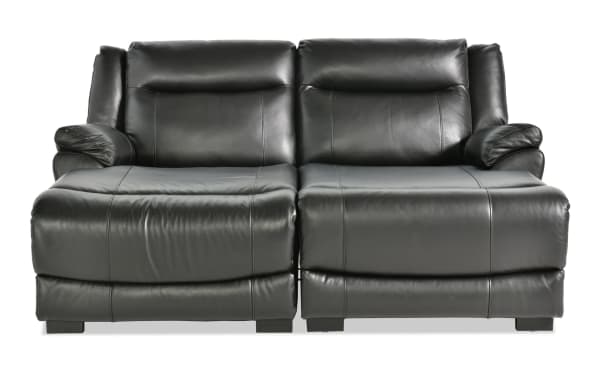 Frontier Black Leather 77'' Power Reclining Dual Chaise sectional with USB/USB-C ports, transitional style, smooth black leather upholstery, plush cushioned seats.