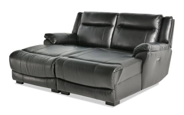 Frontier Black Leather 77'' Power Reclining Dual Chaise with USB & USB-C Ports, transitional style, smooth black leather upholstery, plush padded armrests and backrests, power recline function for ultimate comfort.