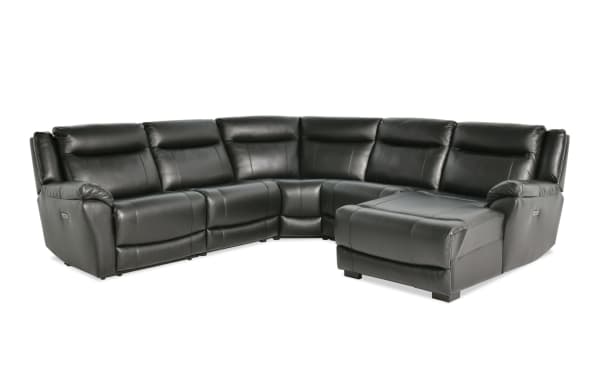 Frontier Black Leather 116" Power Reclining 5-Piece Right Arm Facing Chaise Sectional with USB/USB-C ports, transitional style, plush memory foam seating.