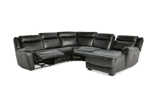 Frontier Black Leather 116" power reclining 5-piece sectional with right arm chaise, USB/USB-C ports, transitional style, and plush memory foam seating.