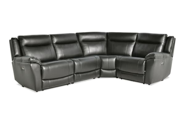 Frontier Black Leather 116" Power Reclining 4-Piece Sectional with USB/USB-C ports, transitional style, real leather upholstery, plush memory foam seating.