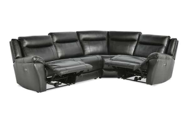 Frontier Black Leather 116" power reclining 4-piece sectional in transitional style with USB/USB-C ports, plush memory foam seating, and no-sag springs.