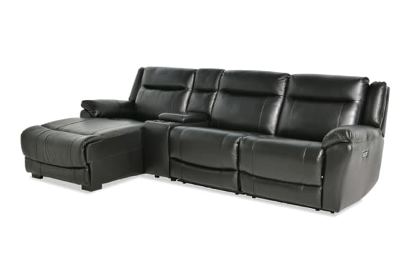 Frontier Black Leather 120'' Power Reclining 4 Piece Left Arm Facing Chaise Sectional with Armless Chair & USB & USB-C Ports
