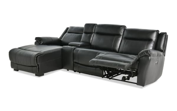 Frontier black leather 120" power reclining sectional with left arm chaise, armless chair, USB/USB-C ports, storage console, and cupholders in transitional style.