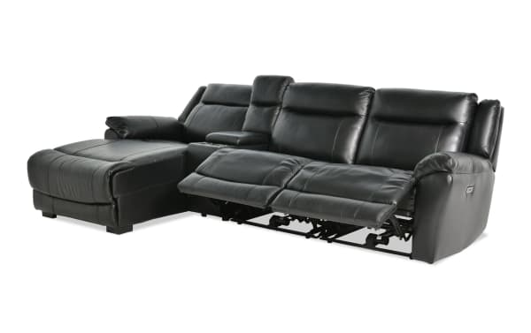 Frontier black leather 120" power reclining sectional with right arm chaise, armless recliner, USB/USB-C ports, storage console, and cupholders.